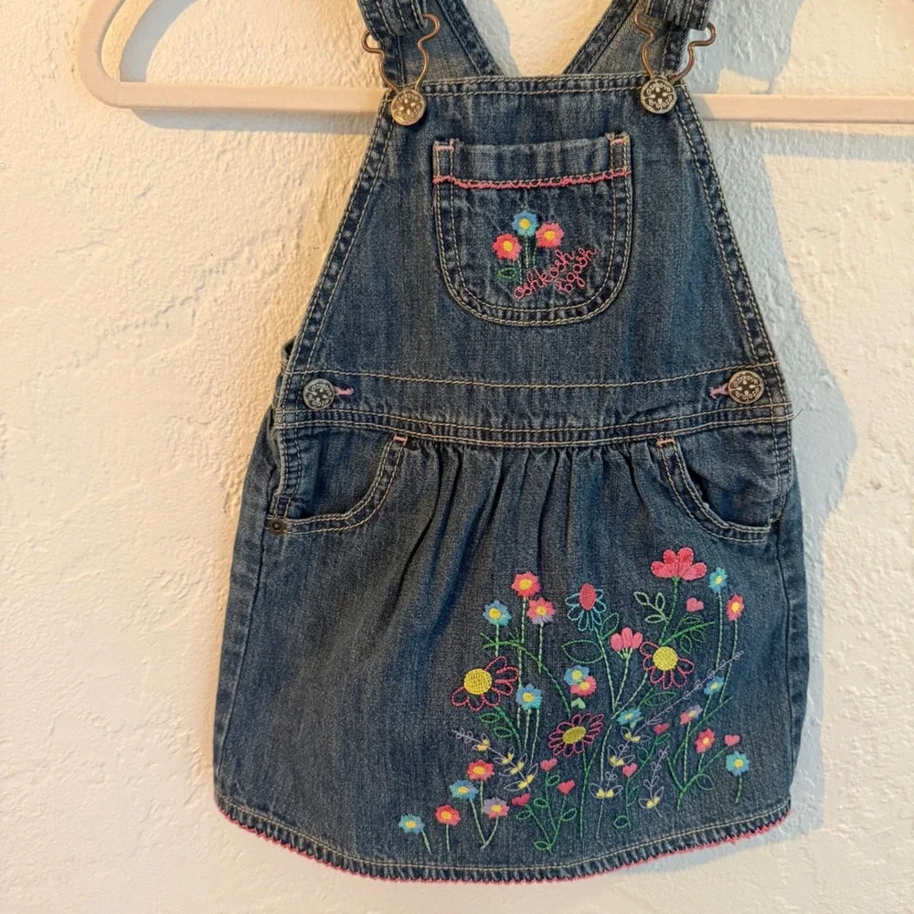 OshKosh B'gosh Girls Blue Denim Floral Embroidered Overall Dress Jumper Toddler2